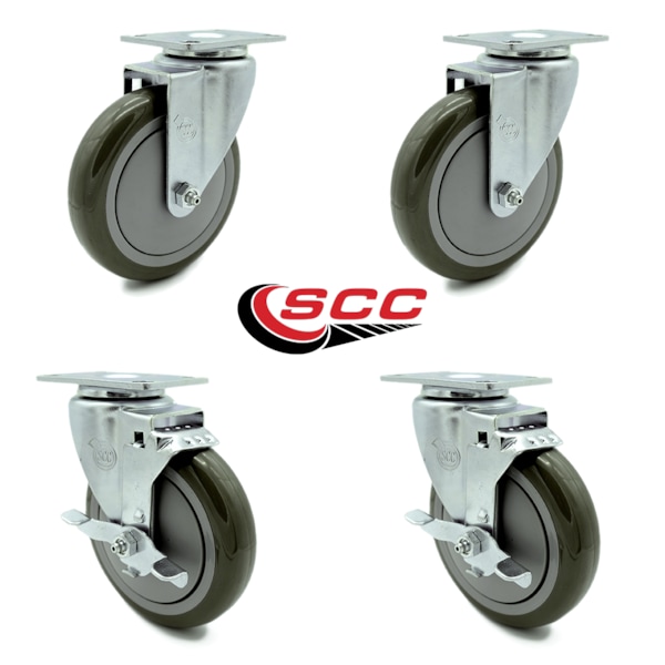 5 Inch Gray Polyurethane Wheel Swivel Top Plate Caster Set with 2 Brakes SCC